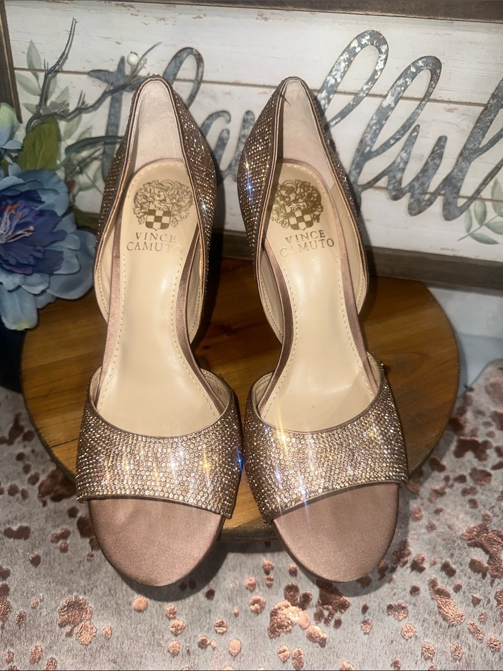NWOT Vince Camuto Rose Gold Crystal Open-Toe Heels - Picture 2 of 8